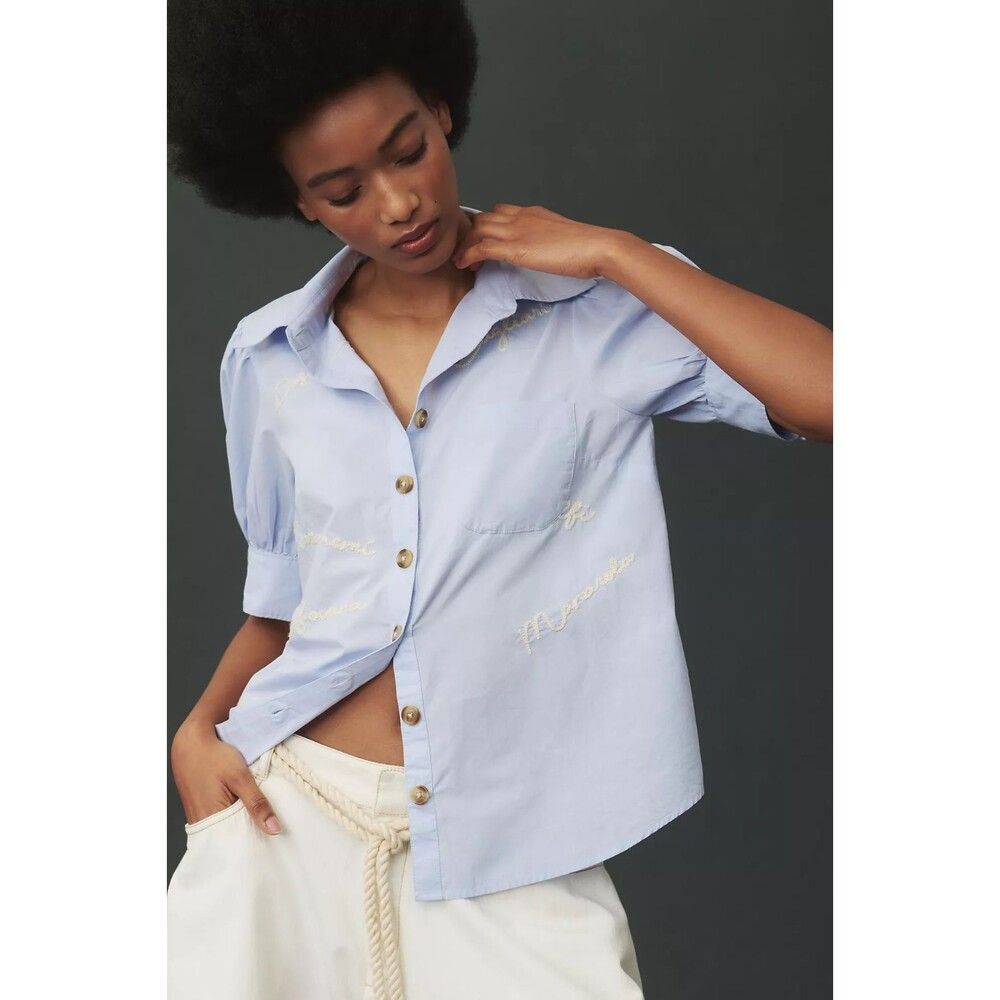 Anthropologie Maeve Puff-Sleeve Signature Embroidered Blouse Blue SP NEW